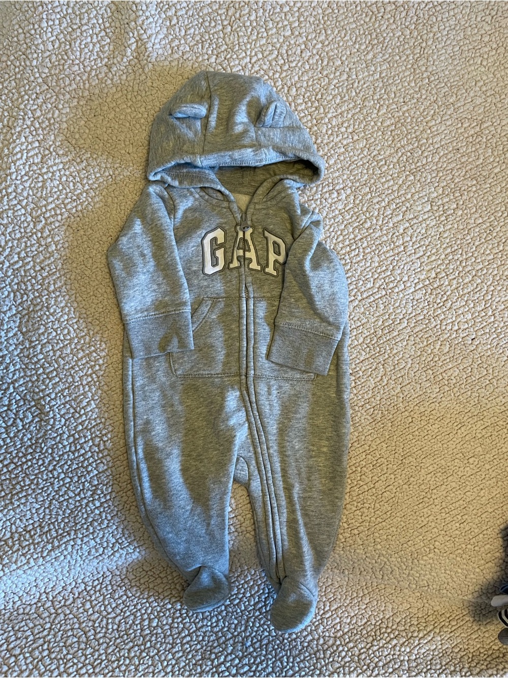 GAP Gray Hooded Footed One-Piece with Ears on Hoodie. Size 0-3 months